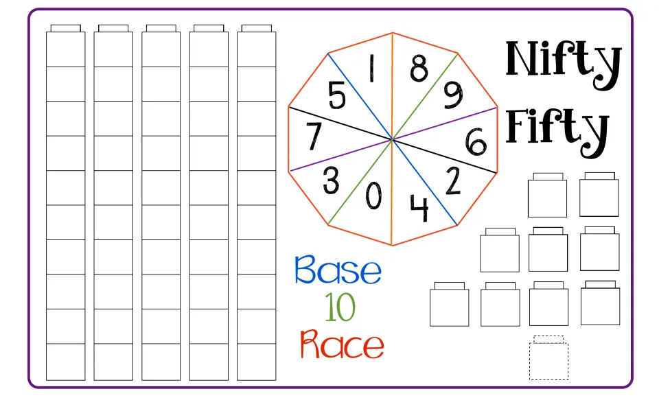 Place value gameboard: five ten-cube columns, a 0-9 spinner and ones spaces for building numbers to 50 with unifix cubes