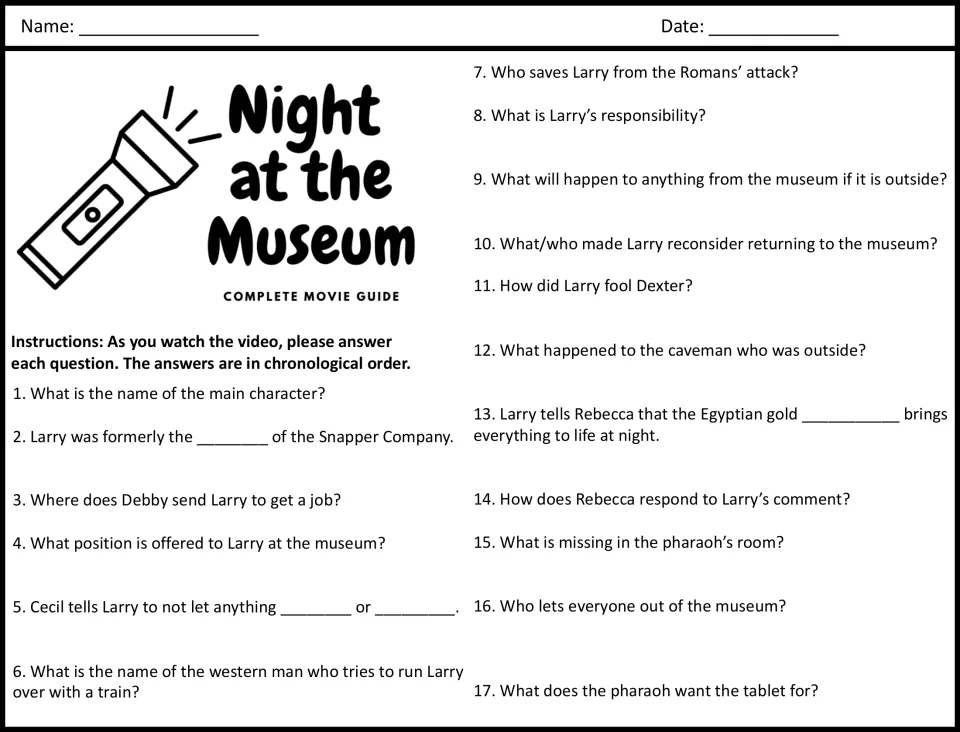 Movie viewing guide: students answer 17 questions in story order about Larry's museum job, Dexter and the pharaoh's tablet
