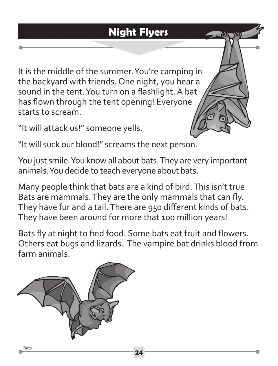 Bat reading passage, part 1: a backyard camping encounter introduces bats as mammals and describes their diets