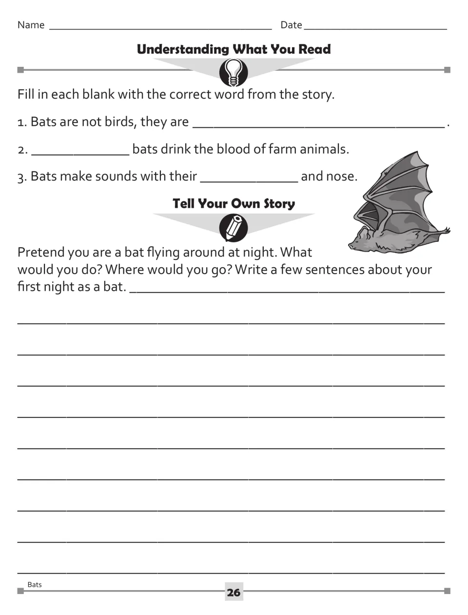 Bat passage follow-up: three fill-in-the-blank questions and a writing prompt about your first night as a bat