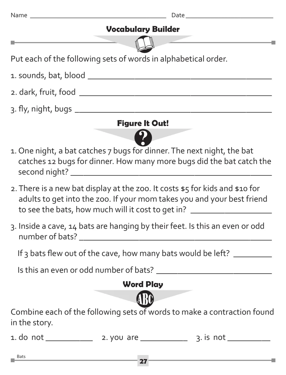 Bat unit practice: alphabetize word sets, solve three math problems, and form don't, you're, and isn't