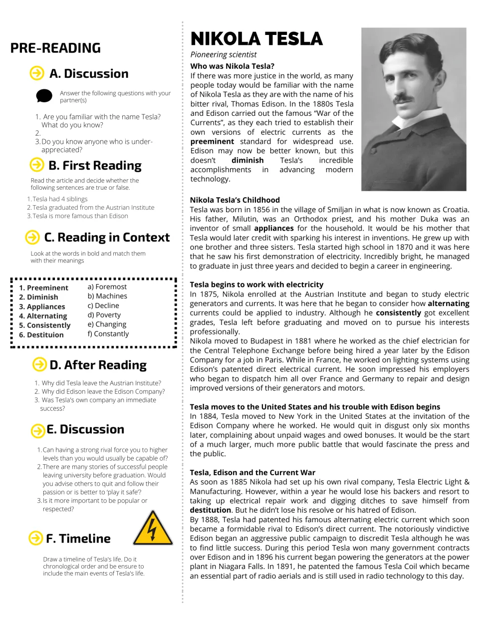 Nikola Tesla biography article with true/false checks, vocabulary matching, discussion questions and a timeline task