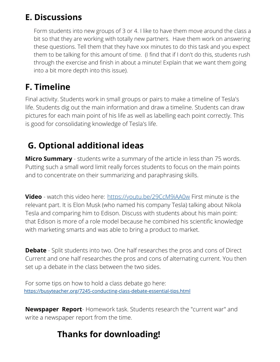 Lesson plan notes on Tesla group discussion and timeline, plus extras: micro summary, video, AC/DC debate, news report