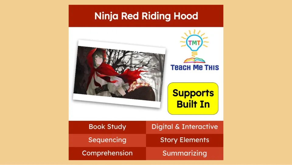 Book study cover identifying digital, interactive work on sequencing, story elements, and summarizing