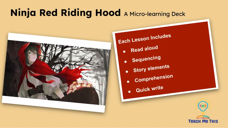 Lesson overview listing a read-aloud, sequencing, story elements, comprehension, and a quick write