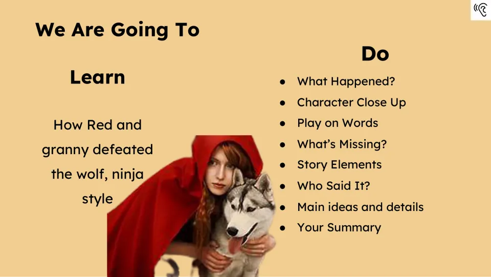 Lesson goals introduce how Red and granny defeated the wolf, plus eight activities ending in a summary