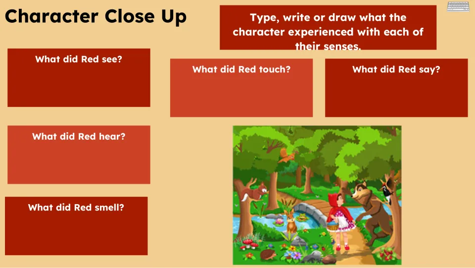 Character Close Up asks students to type, write, or draw what Red saw, heard, smelled, touched, and said
