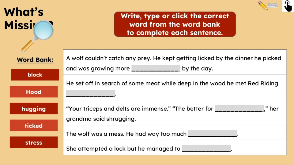 What's Missing? asks students to complete five story sentences using block, Hood, hugging, ticked, and stress