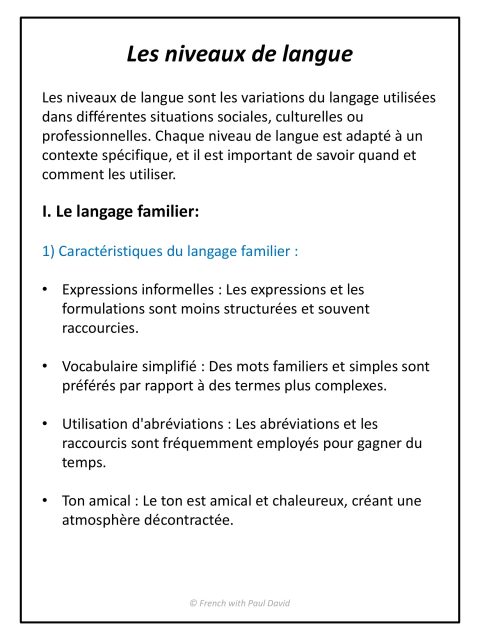 French registers intro: defines niveaux de langue and lists langage familier traits such as abbreviations