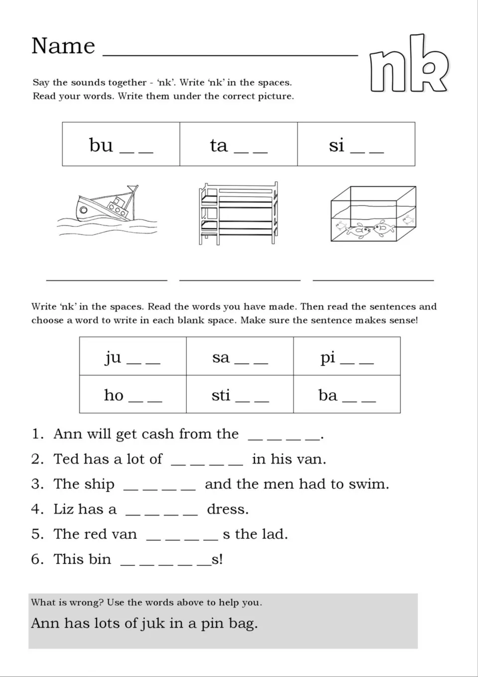 Final nk blend: students add nk to make bunk, tank, sink and junk, fill blanks in six sentences and fix a wrong sentence