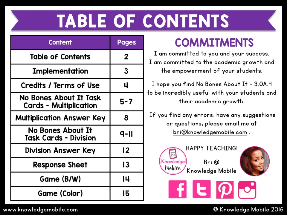 Table of contents: multiplication and division task cards, answer keys, response sheet and games, plus an author note