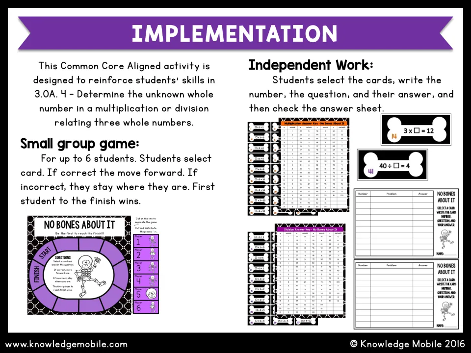 Implementation notes: students solve cards for independent work, and up to 6 players use the board game in small groups