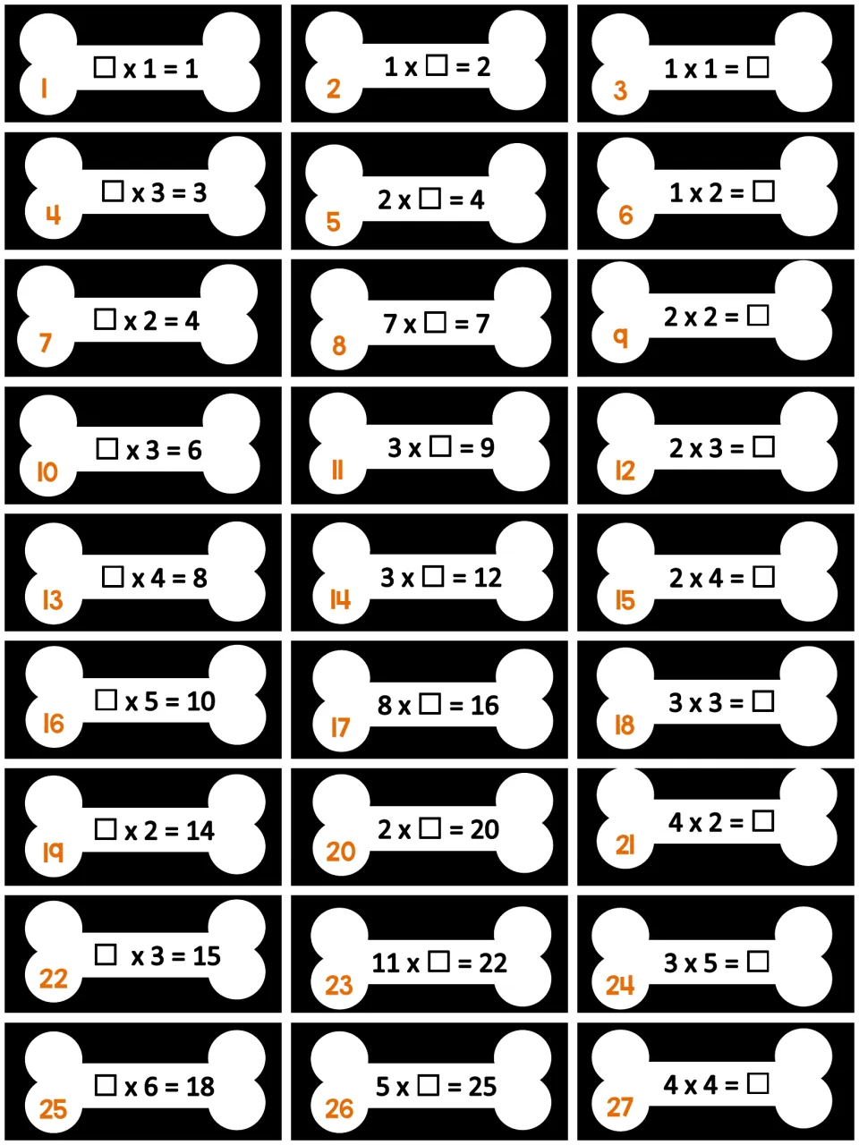 Multiplication task cards 1-27 on bones: students find the unknown number in facts such as 2 x □ = 4 and 3 x □ = 12