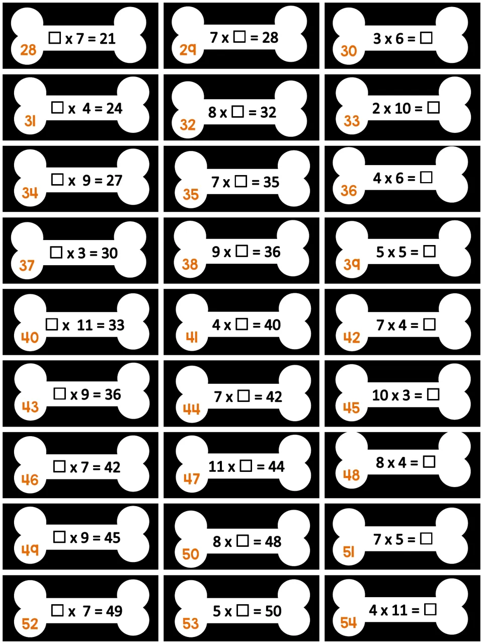 Multiplication task cards 28-54 on bones: students solve for the missing factor or product, as in □ x 7 = 21 and 8 x 4 = □