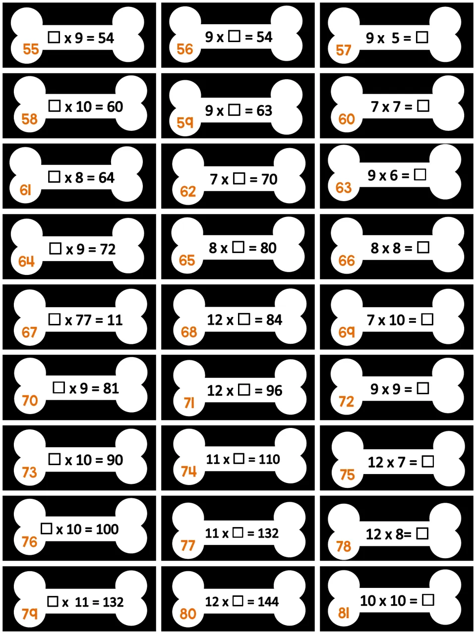 Multiplication task cards 55-81 on bones: students find unknowns in larger facts such as 12 x □ = 144 and □ x 10 = 100