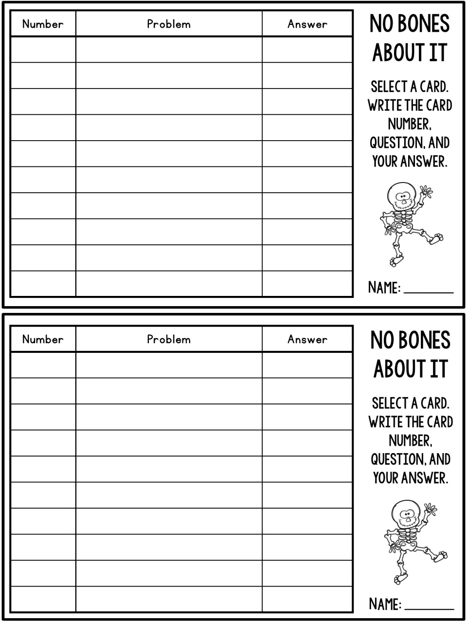 Task card response sheet: students record the card number, the problem and their answer, with a name line; two per page