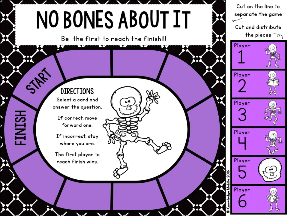 Color skeleton board game: players answer a card to move forward one space from start to finish; includes 6 player pieces
