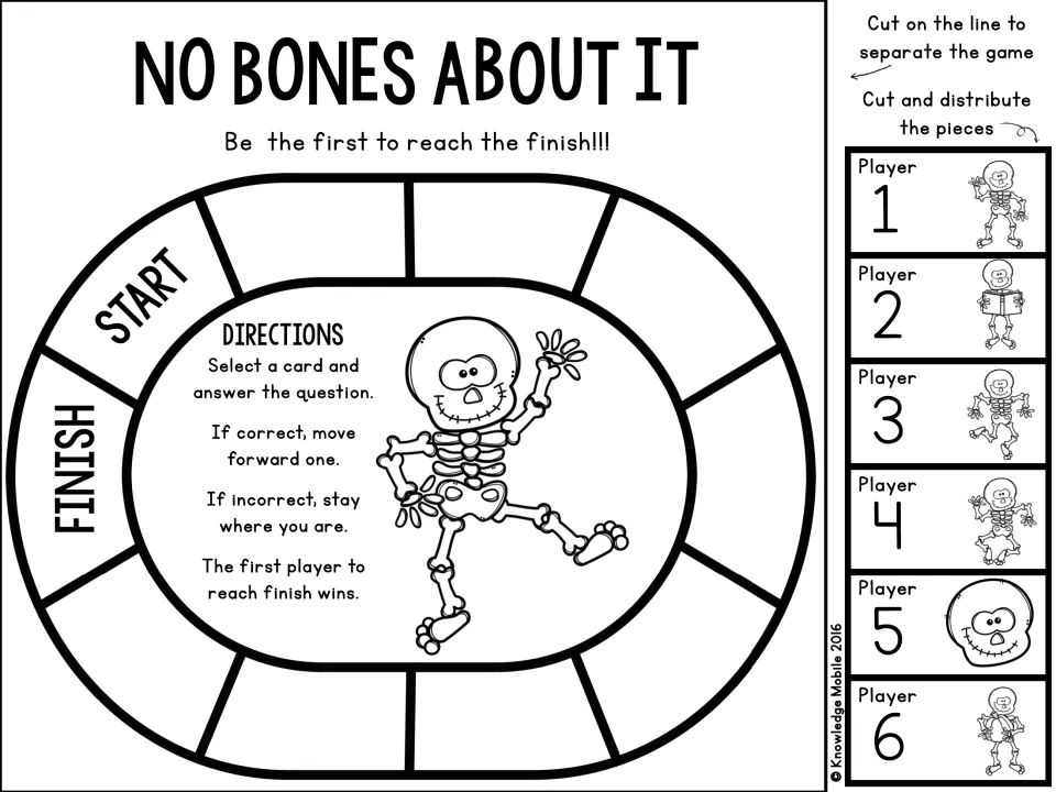 Black-and-white version of the race-to-finish board game with directions and Player 1-6 skeleton pieces to cut out