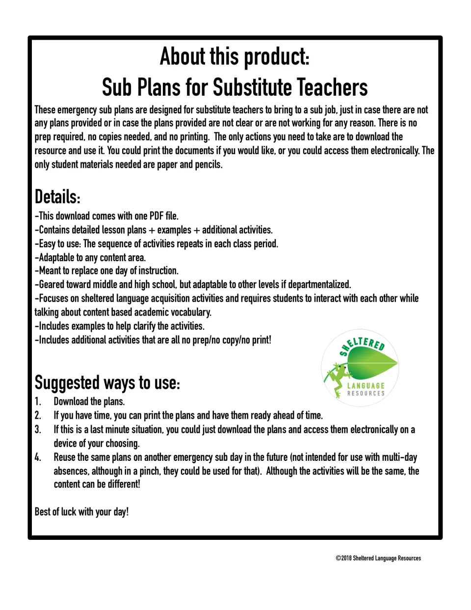 About this product: overview of the sub plans, with details on materials and four suggested ways to use them