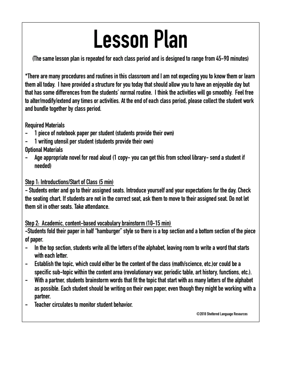 Lesson plan steps 1-2: materials, class start routine and a partner A-Z brainstorm of academic vocabulary on a topic