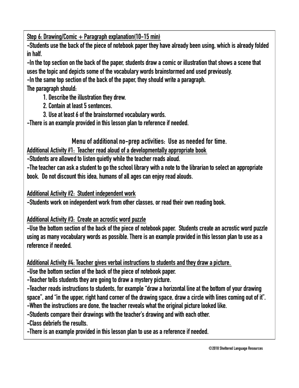 Step 6 comic and paragraph using 6 vocabulary words, plus a menu of four extra activities such as an acrostic puzzle