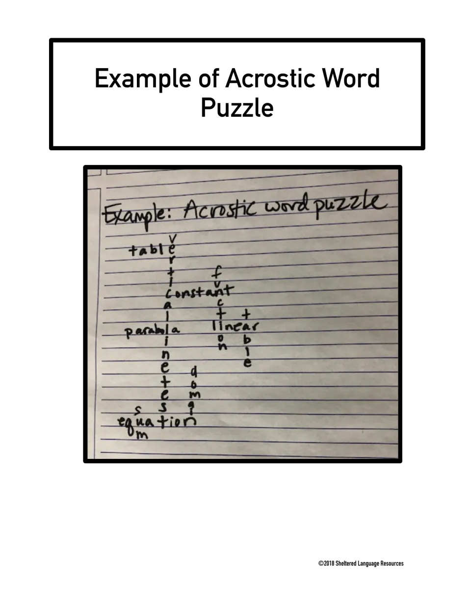 Example acrostic word puzzle: function vocabulary like table, constant, linear and equation crossing shared letters