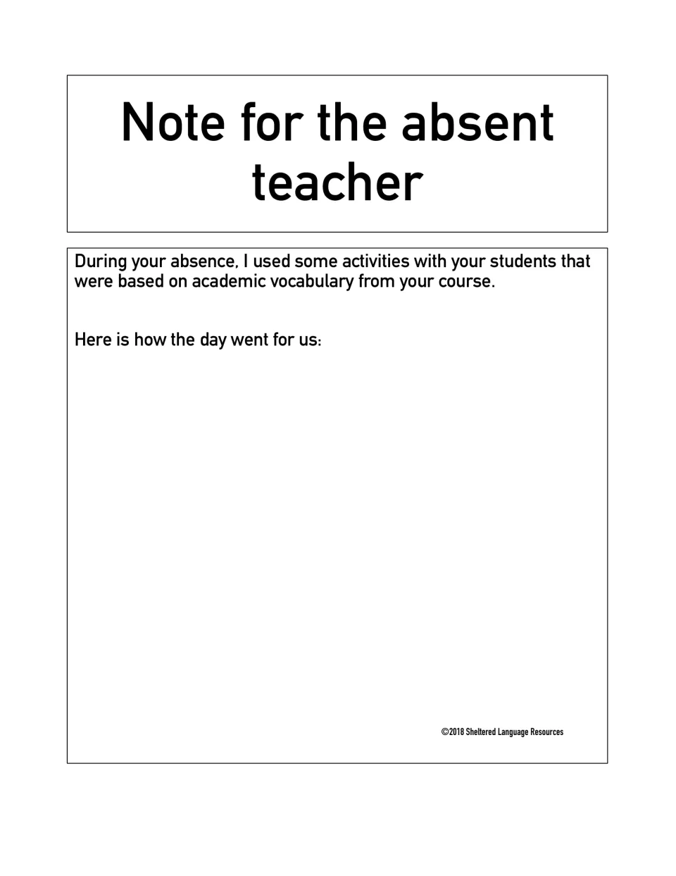 Note for the absent teacher: a short summary of the vocabulary activities and space to report how the day went