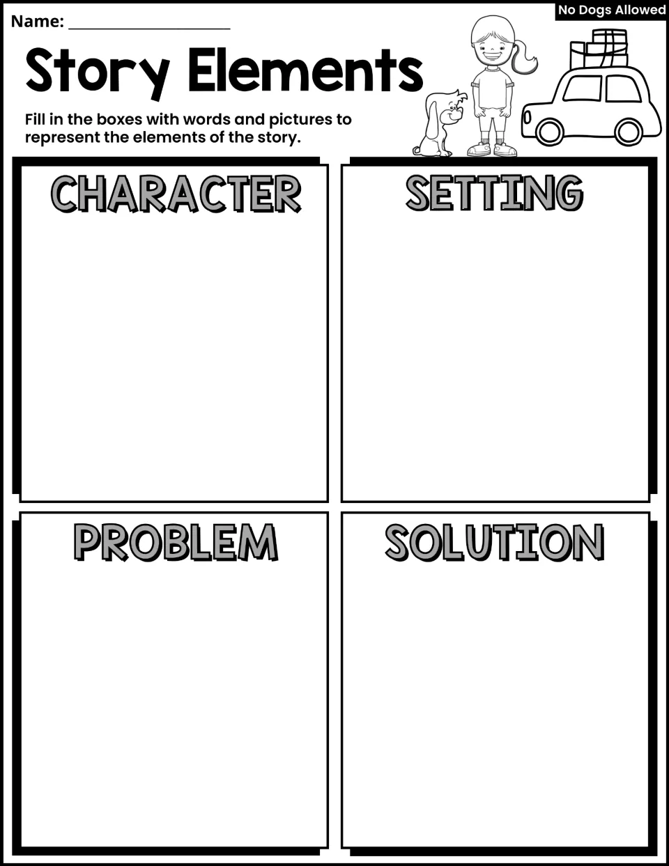 Story elements: students use words and pictures to record the character, setting, problem and solution of the story