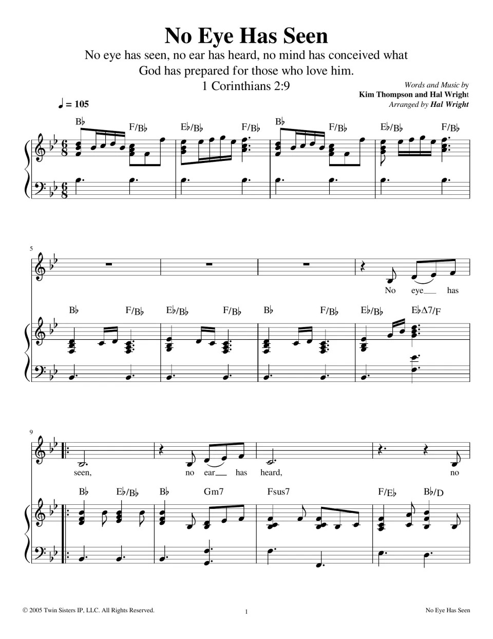 No Eye Has Seen song, measures 1-12: 1 Corinthians 2:9 epigraph, piano intro in B-flat, 6/8, and first vocal line