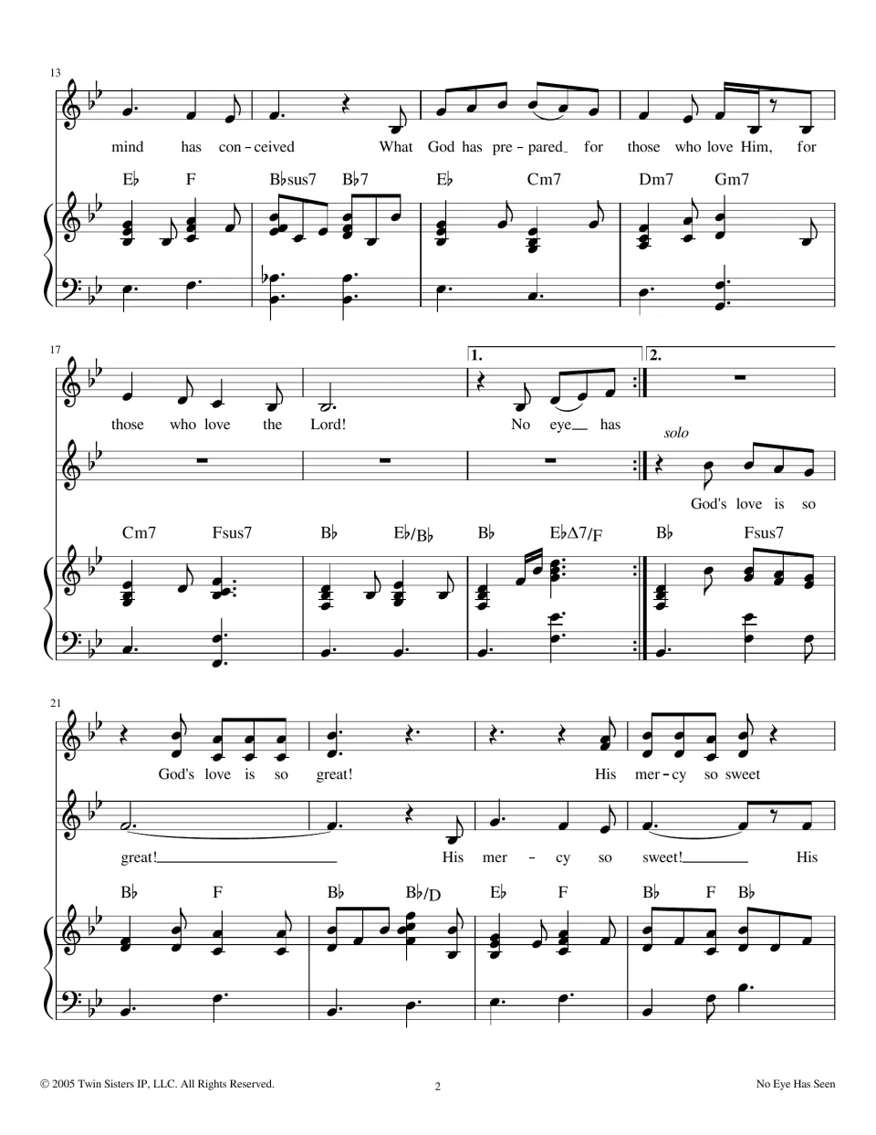 Measures 13-24: verse ending 'those who love the Lord', first and second endings, and a solo 'God's love is so great'