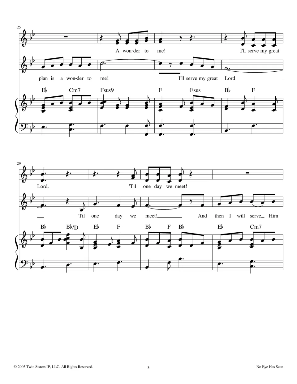 Two-part vocal lines, measures 25-32: 'His plan is a wonder to me', 'I'll serve my great Lord', 'Til one day we meet'