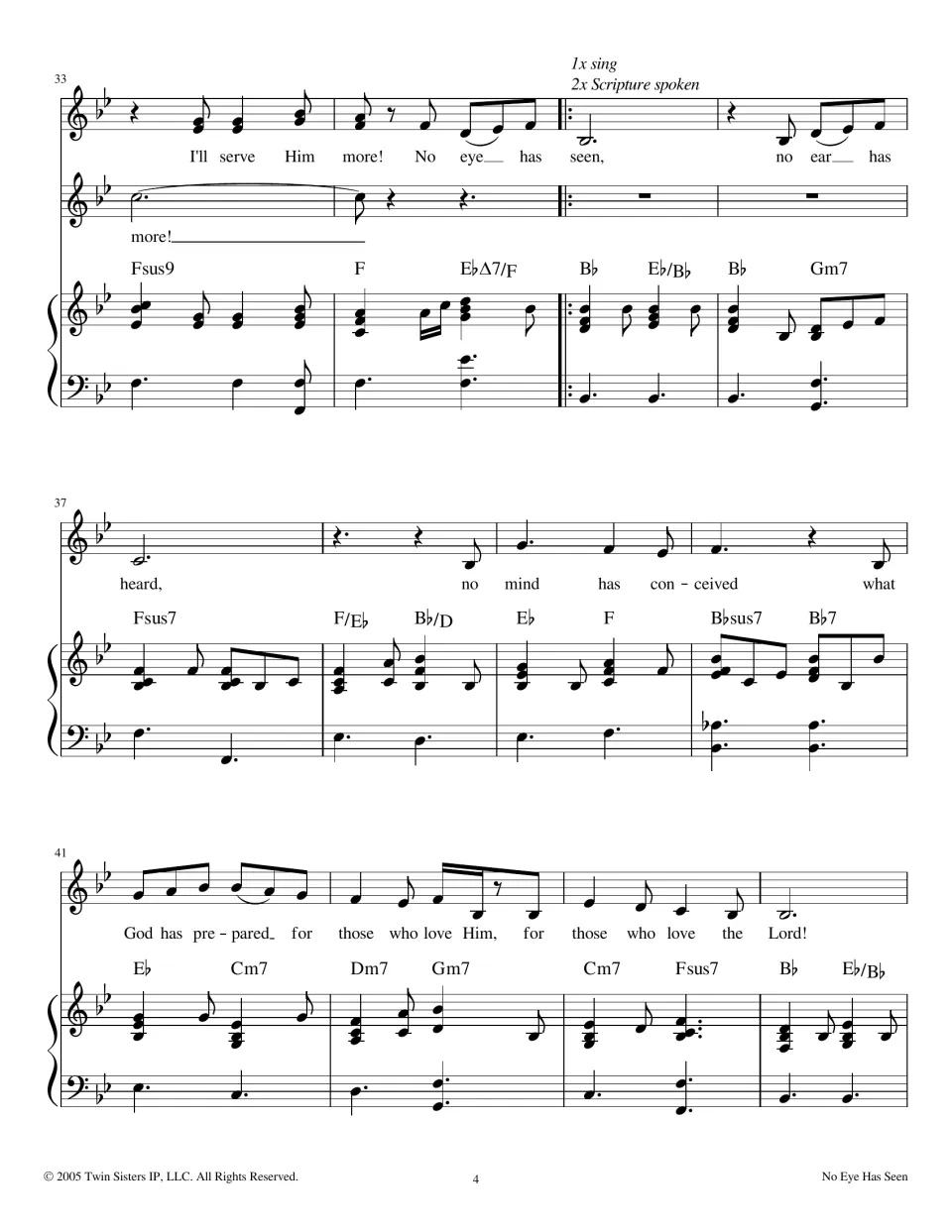 Measures 33-44 return to the main refrain, marked '1x sing, 2x Scripture spoken', ending 'for those who love the Lord!'