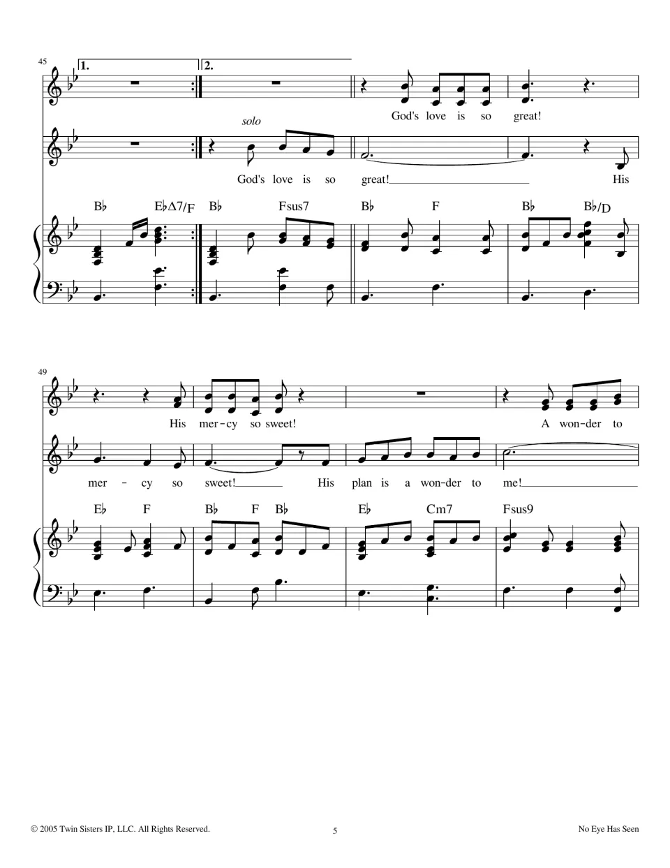 Measures 45-52: first and second endings lead into the solo and chorus 'God's love is so great! His mercy so sweet!'