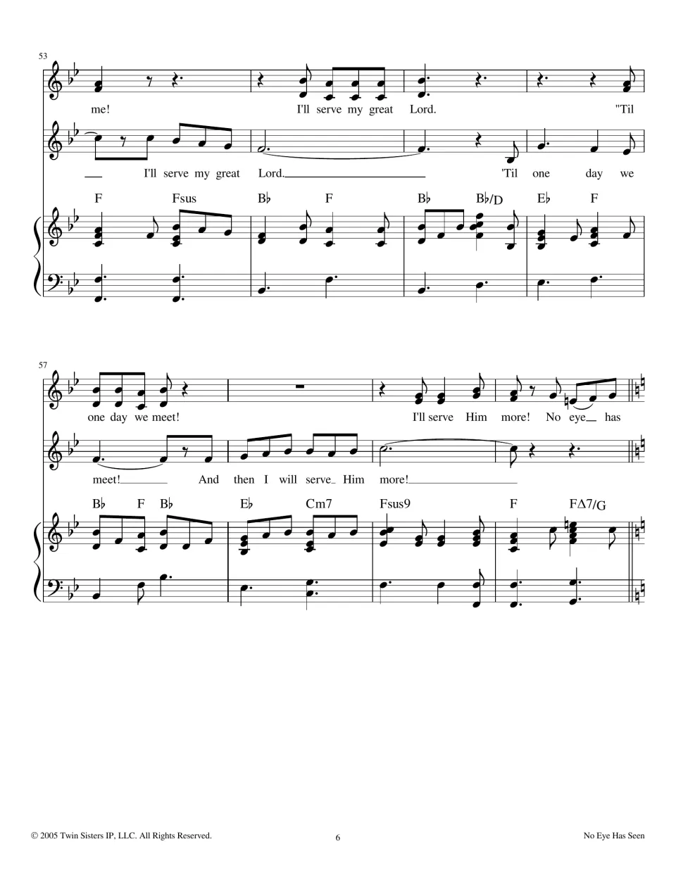 Measures 53-60: two voices sing 'I'll serve my great Lord' and 'And then I will serve Him more!' before a key change to C