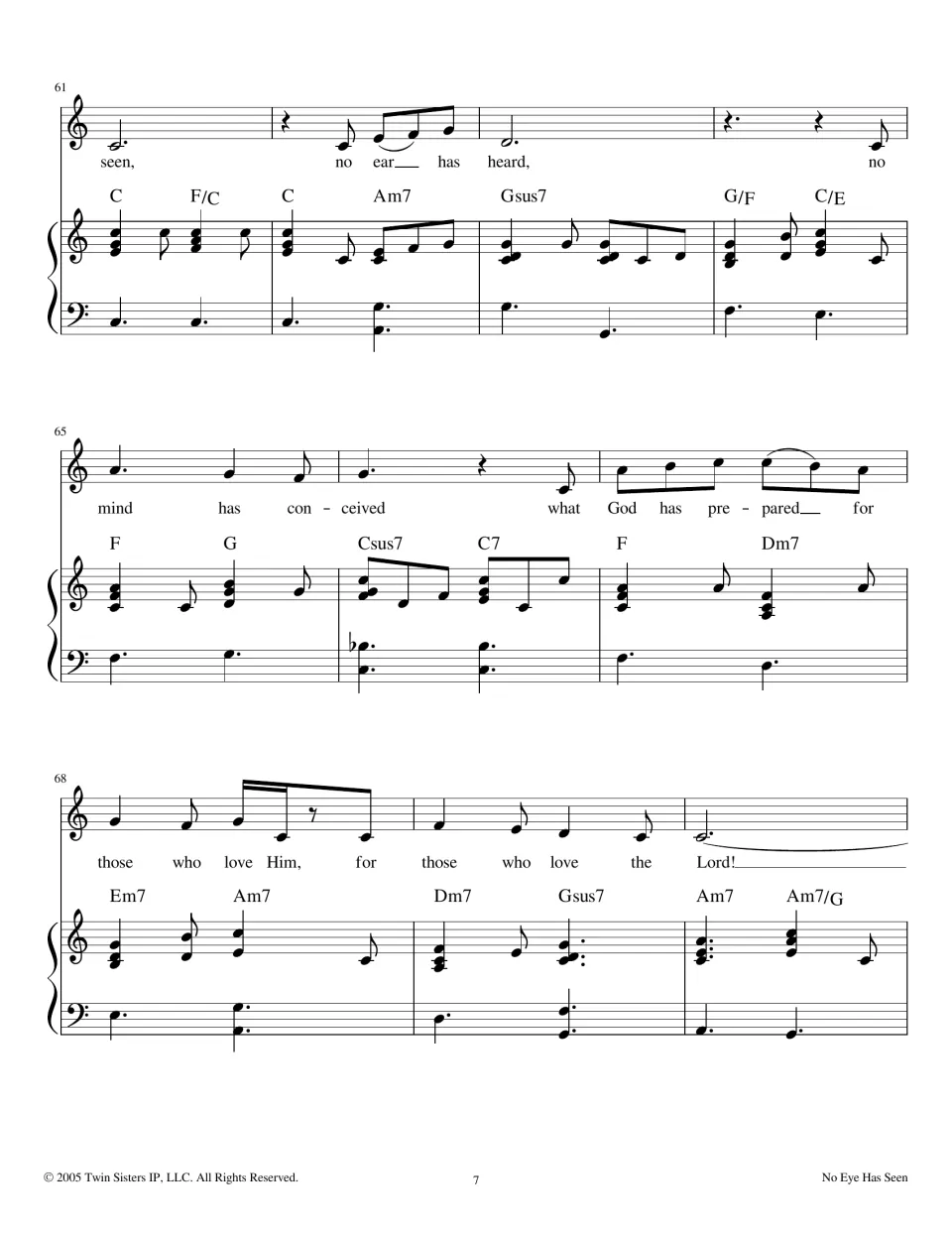 Final refrain in C major, measures 61-70: 'seen, no ear has heard, no mind has conceived what God has prepared'