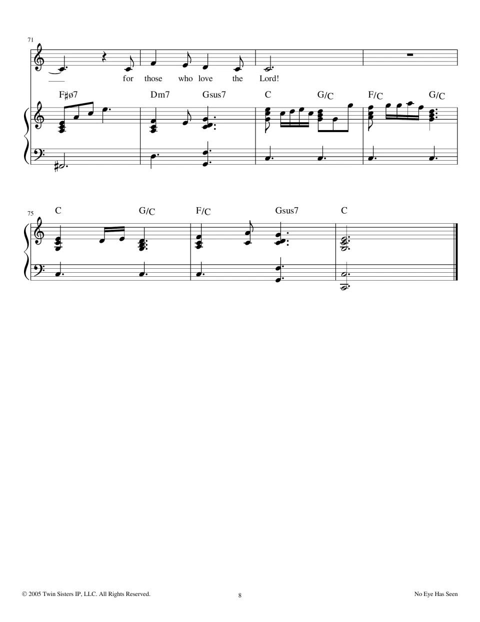 Closing measures 71-77: last vocal line 'for those who love the Lord!' then a piano outro ending on a C chord