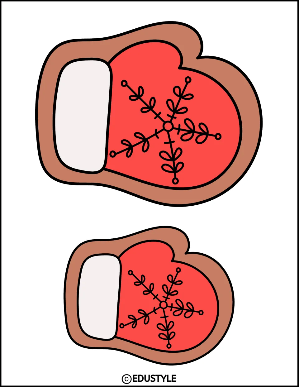 Christmas display cutouts: two red mittens in different sizes, each turned sideways with its thumb at the top