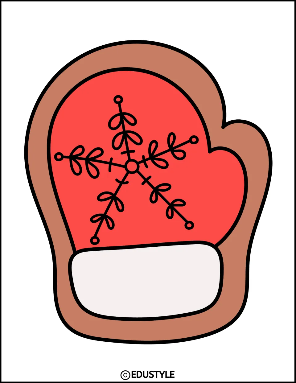 Christmas display mitten cutout with a red center, black snowflake, blank white cuff, and thumb on the right