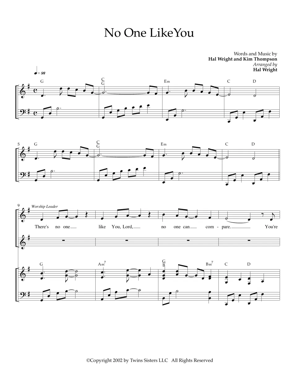 Opening of a worship song score in G: piano intro with chords, then the leader sings "There's no one like You, Lord"