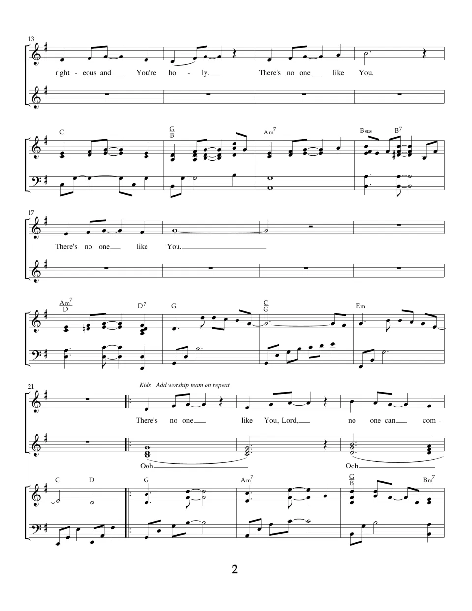 Song score, measures 13-24: leader sings "You're righteous and You're holy"; kids join on the repeat with an "Ooh" part