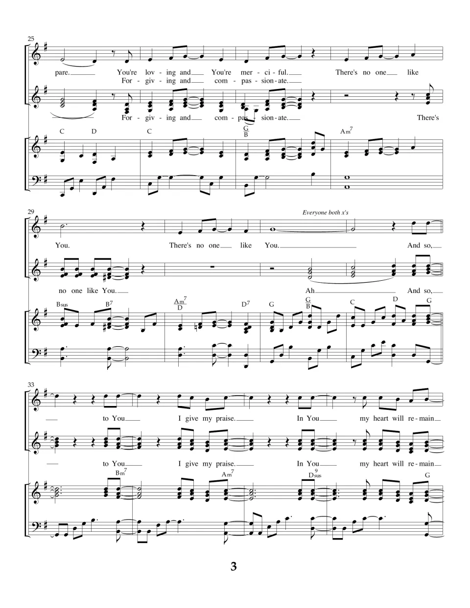 Song score, measures 25-36: two-part verse "You're loving and You're merciful" with "Forgiving and compassionate" harmony
