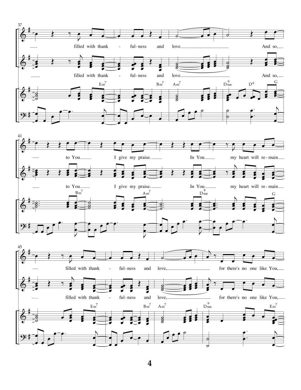 Song score, measures 37-48: both voice parts sing "filled with thankfulness and love" and "to You I give my praise"