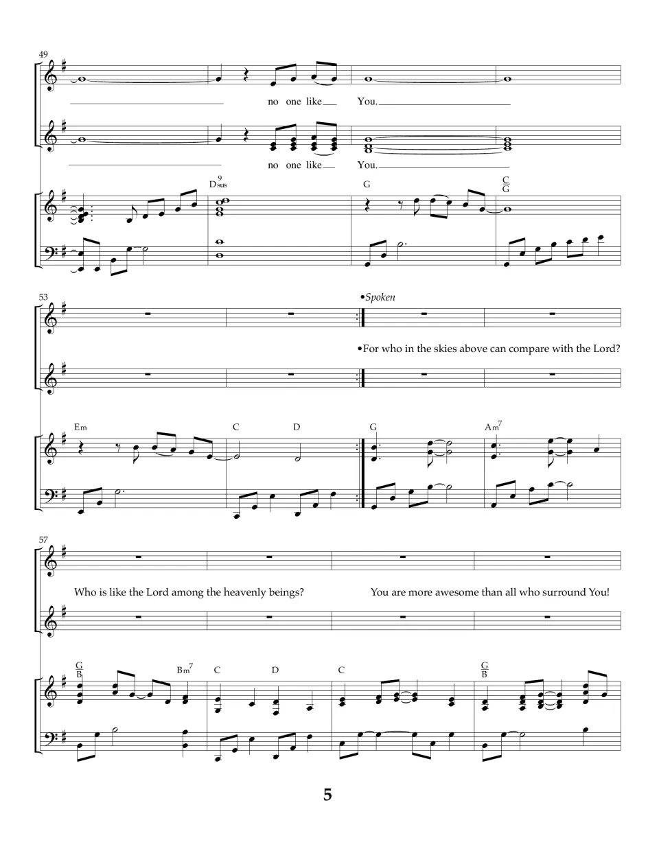 Song score, measures 49-60: "no one like You" ending, then a spoken passage: "For who in the skies above can compare"