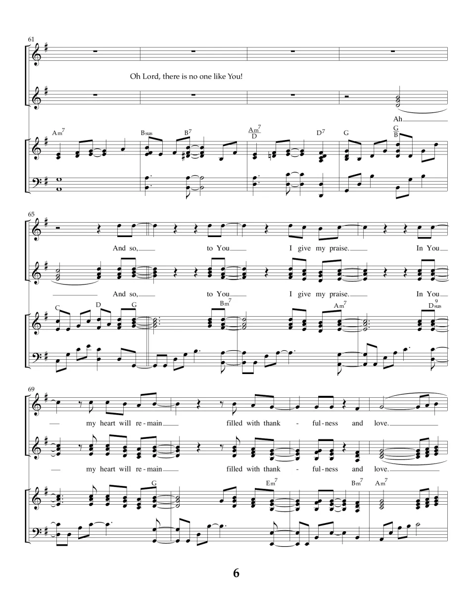 Song score, measures 61-72: spoken line "Oh Lord, there is no one like You!" leads into the "And so, to You" chorus