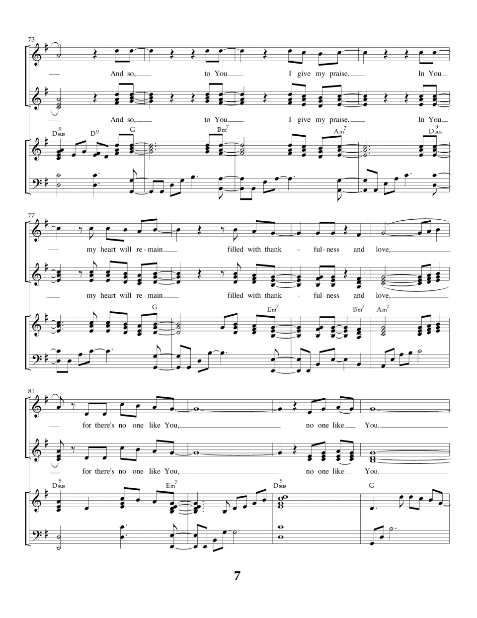 Song score, measures 73-84: final chorus ending "for there's no one like You, no one like You" on a held G chord