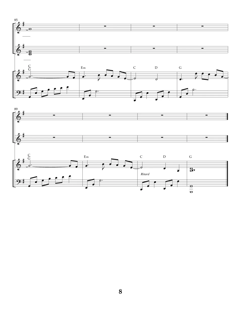 Song score, measures 85-92: voices hold the last note while the piano plays C/G, Em, C, D and G with a ritard