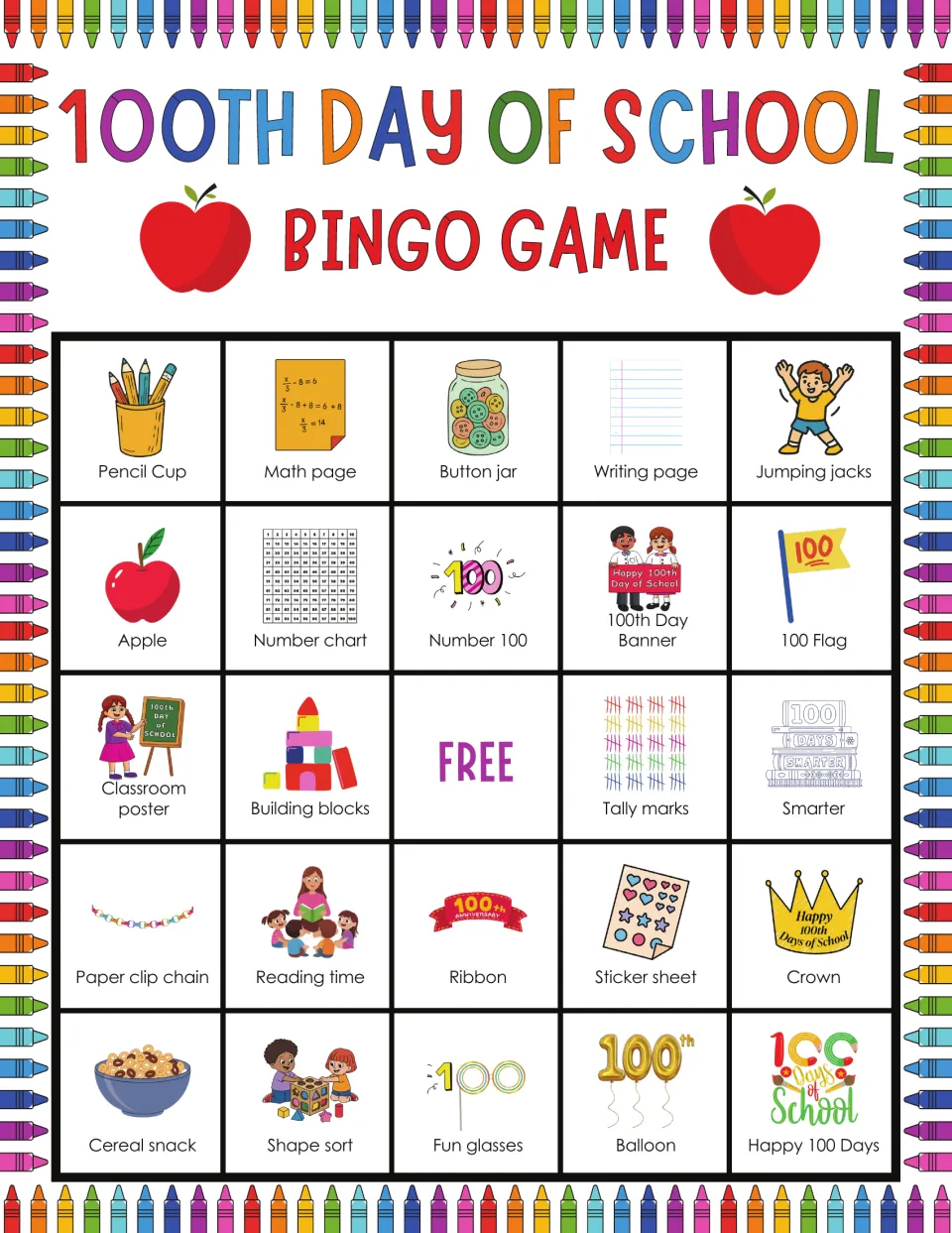 100th Day bingo card: players mark pictures like Pencil Cup, Math page, Button jar and Jumping jacks around a FREE center