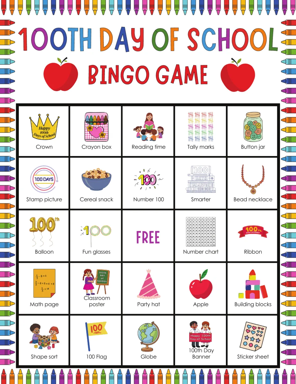 100th Day bingo card starting Crown, Crayon box, Reading time; players also find Party hat, Globe and Stamp picture squares