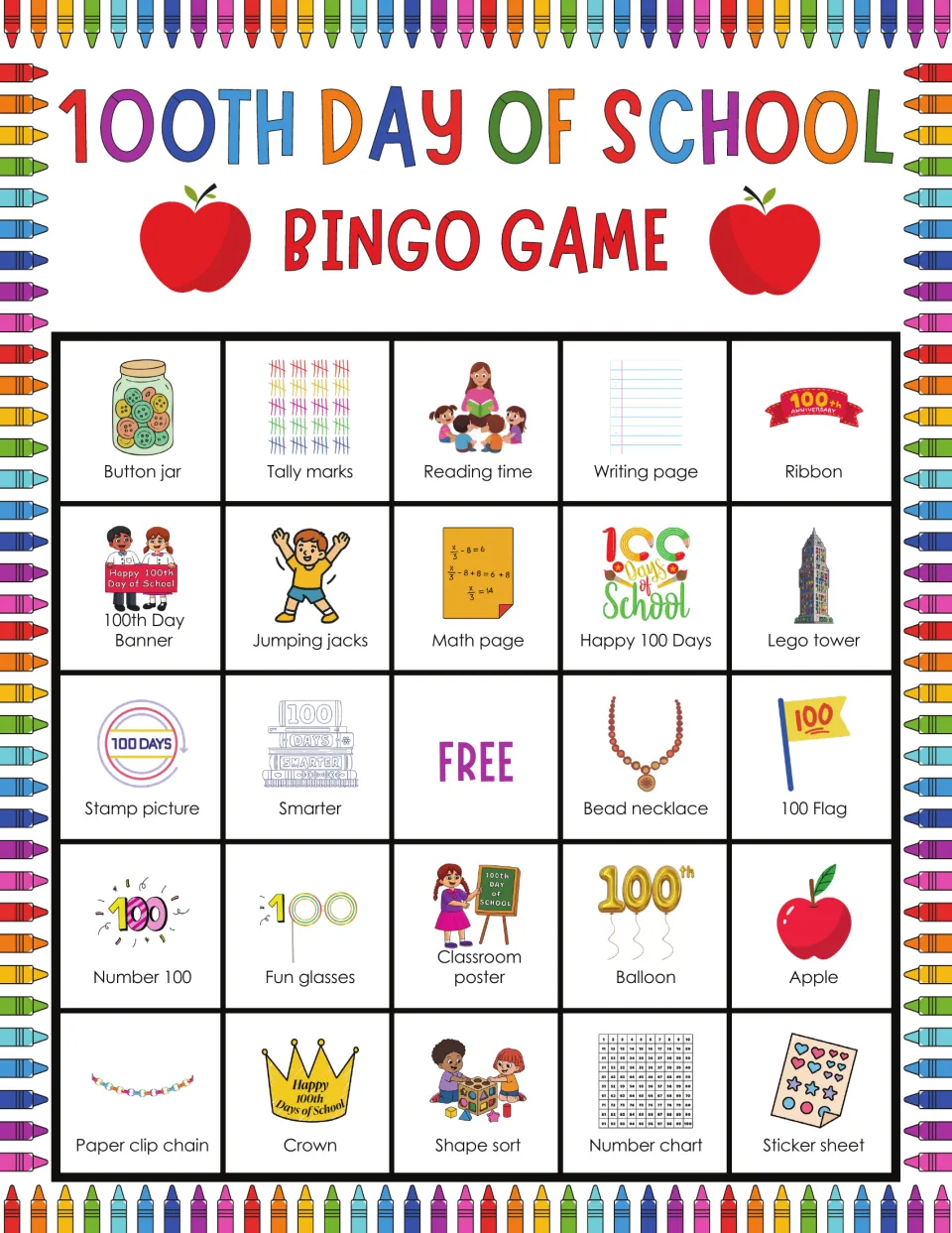 100th Day bingo card led by Button jar and Tally marks; players watch for Lego tower, Happy 100 Days and Bead necklace