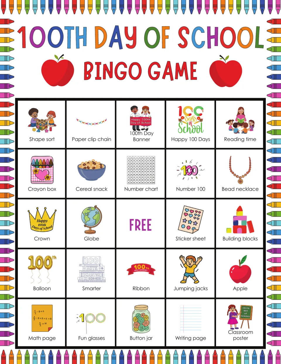 100th Day bingo card opening with Shape sort and Paper clip chain; players cover Globe, Crayon box and Cereal snack